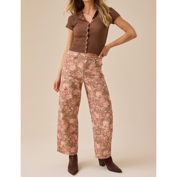Altar State Womens XXS Brown Pink Floral Wide Leg Jeans - Picture 2 of 14